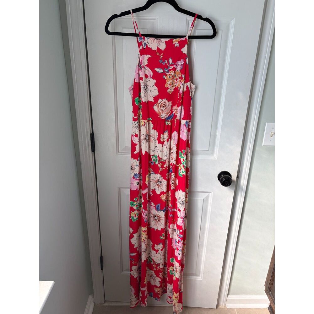 Band Of Gypsies Red Floral Square Neck Boho Maxi Dress Size M